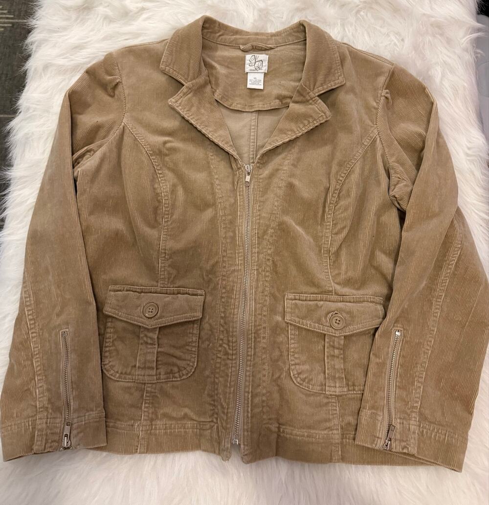 Vintage Y2K Fashion Bug Corduroy Zip Up Jacket Tan Beige Ribbed Coat XL